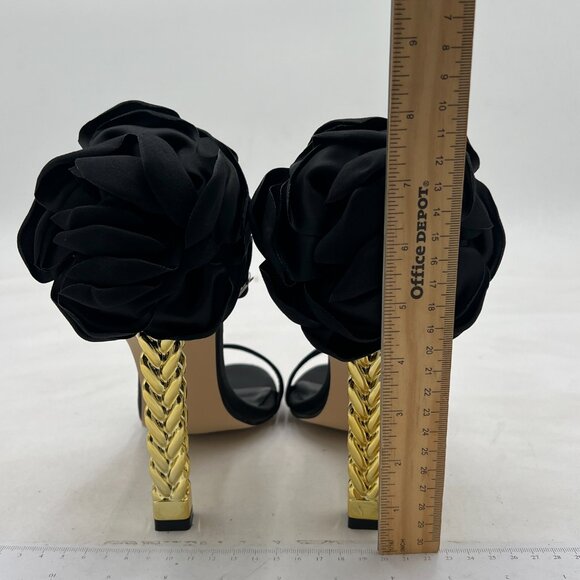 FSJ Black Flower Gold Metal Chain Chunky High Heels Ankle Strap Sandals Open Toe - Picture 5 of 8